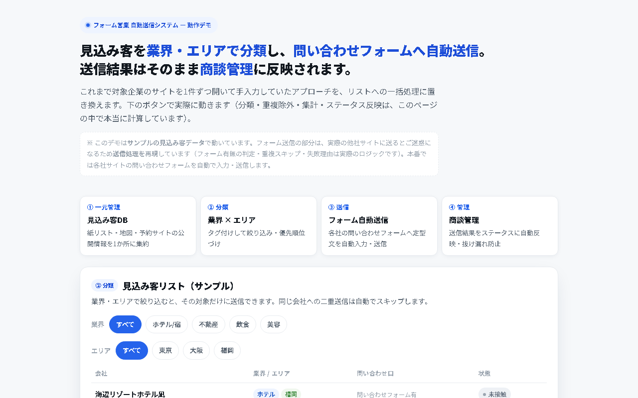 フォーム営業の自動送信システムの画面