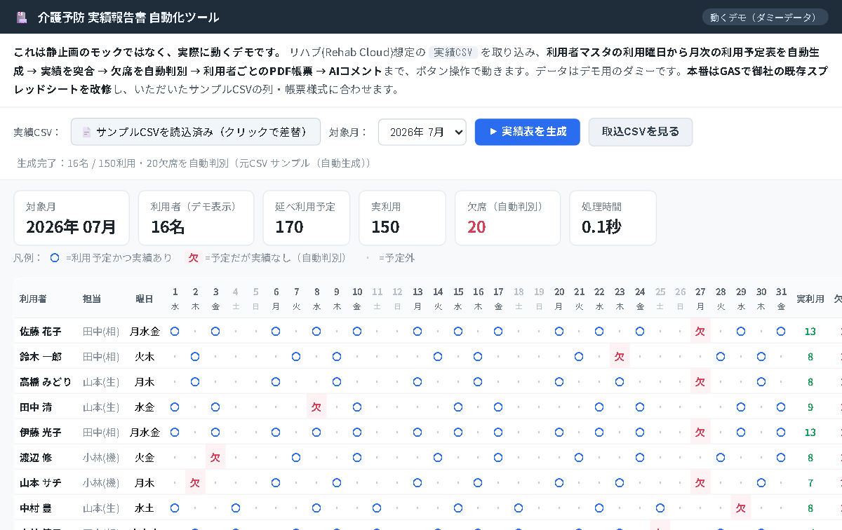 介護実績報告書の自動作成ツールの画面